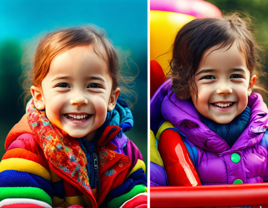 Two young girls in colorful jackets smiling outdoors