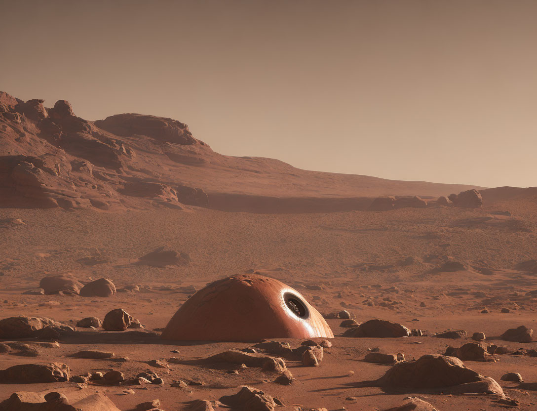 Desolate Martian landscape with red soil, rocks, and dome habitat.