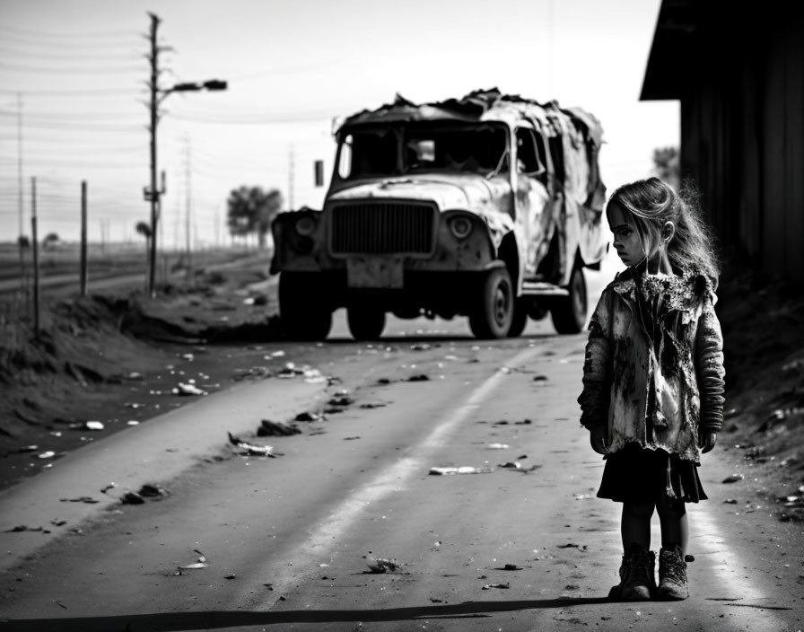 Young girl in worn coat on desolate road with old truck under dreary sky