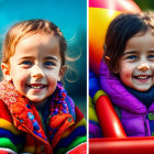 Two young girls in colorful jackets smiling outdoors