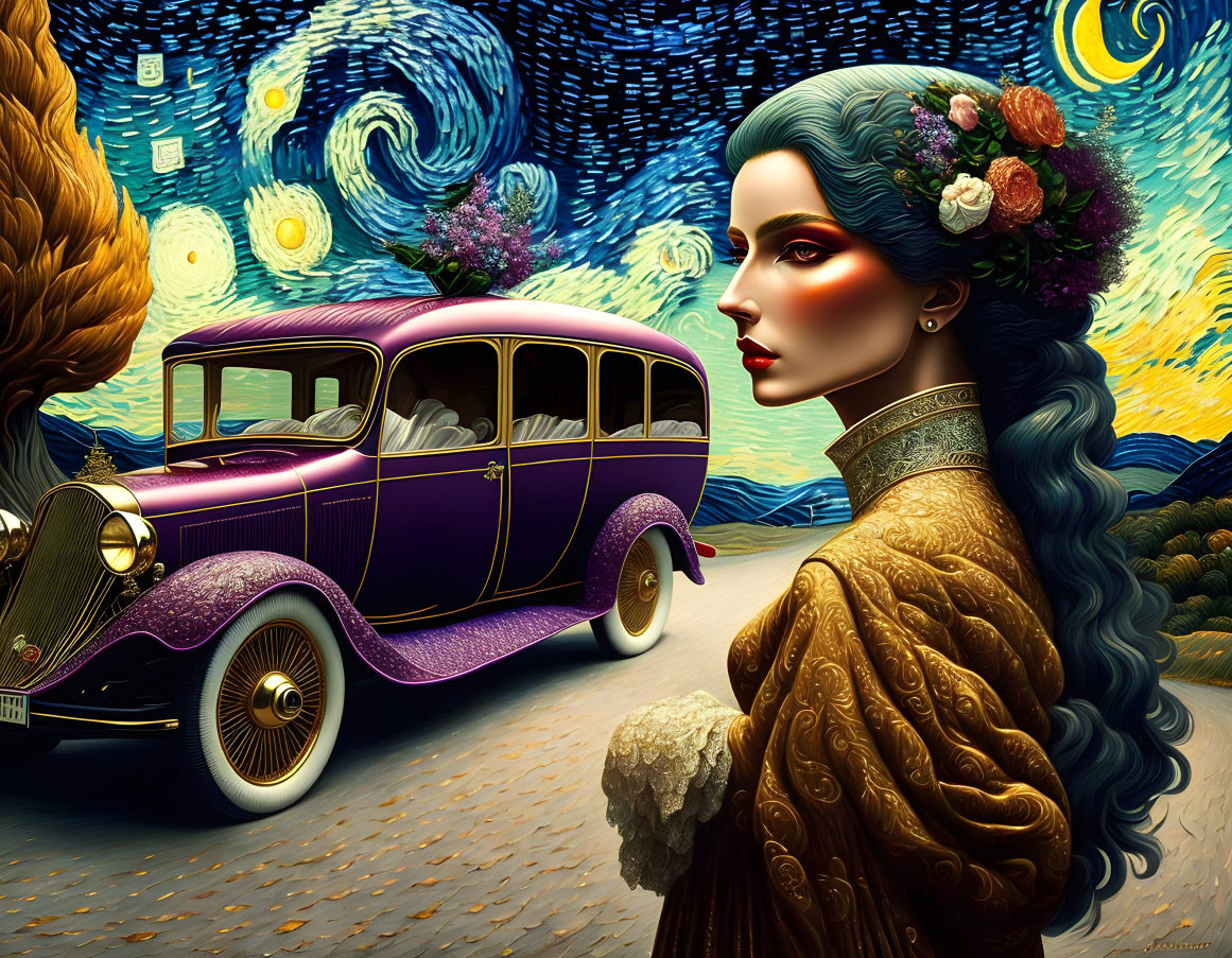 Stylized fusion of Van Gogh's "Starry Night" with fantasy scene of woman,