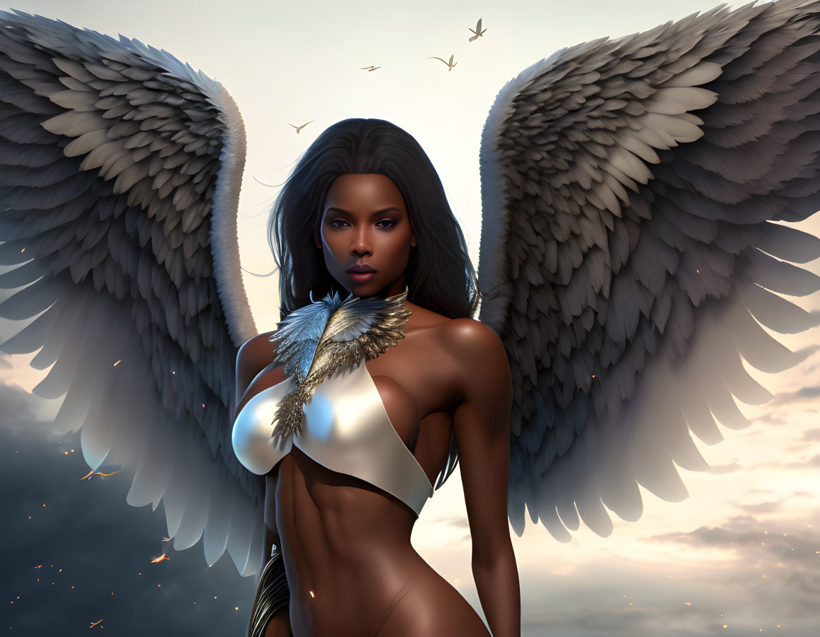 African American angel with large wings in silvery white outfit against dusky sky