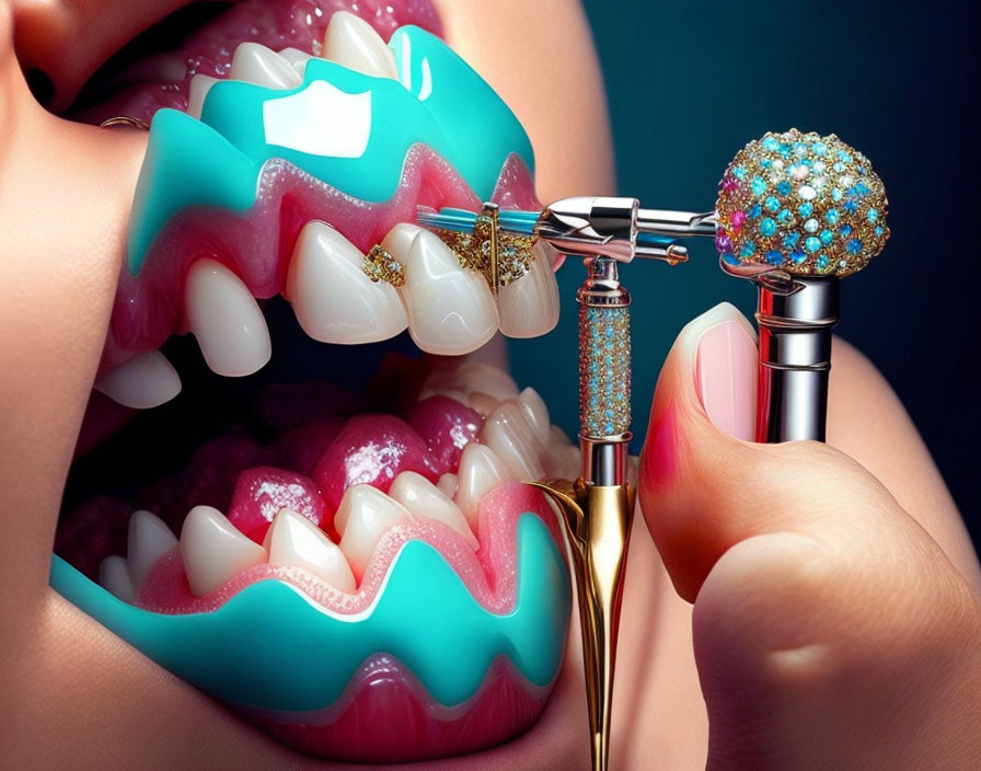 Digital artwork: Close-up of mouth with sparkly dental cosmetic tools