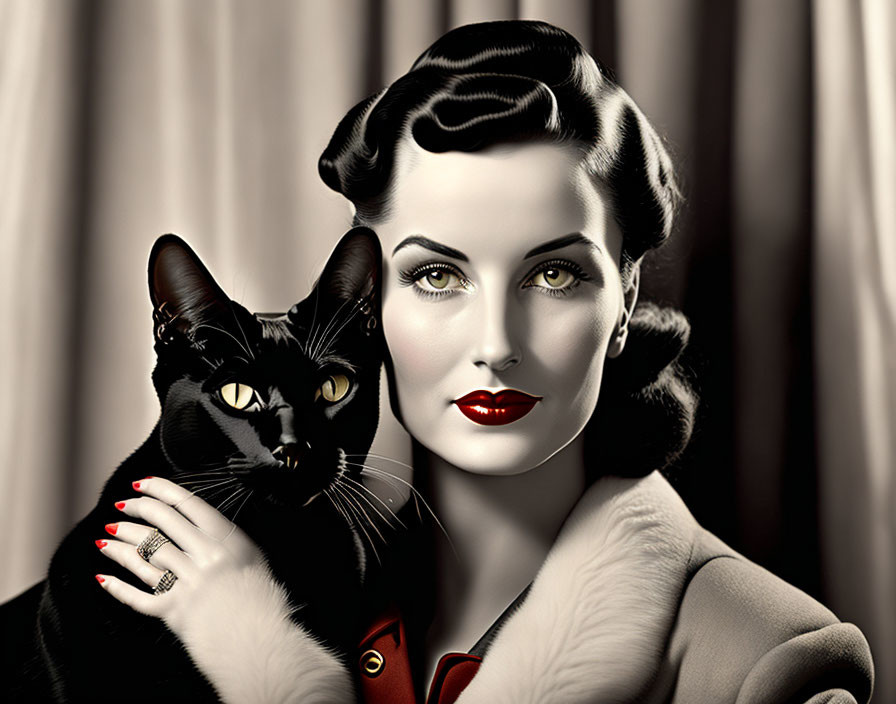 Vintage-style illustration of woman with classic wave hairstyle and black cat.