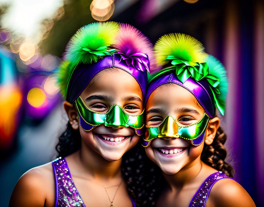 Smiling children in feathered masks and sequined tops at festive event