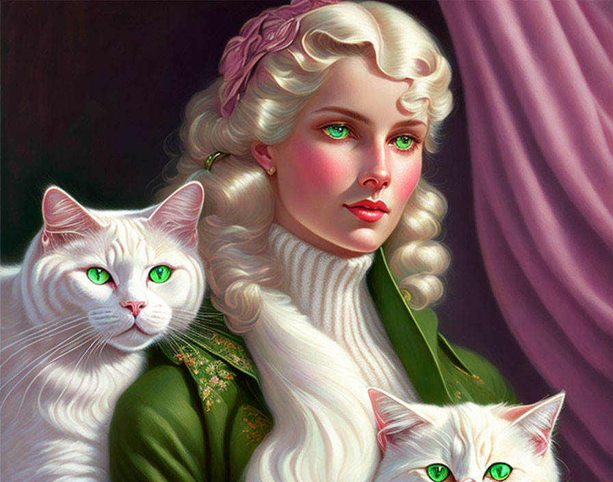 Portrait of woman with platinum blond curls and green-eyed cats