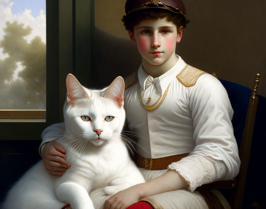 Vintage Attire Person Holding White Cat with Blue Eyes