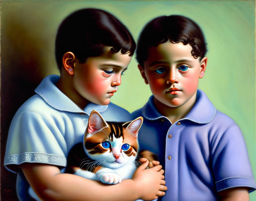 Hyperrealistic painting of two children with a calico cat