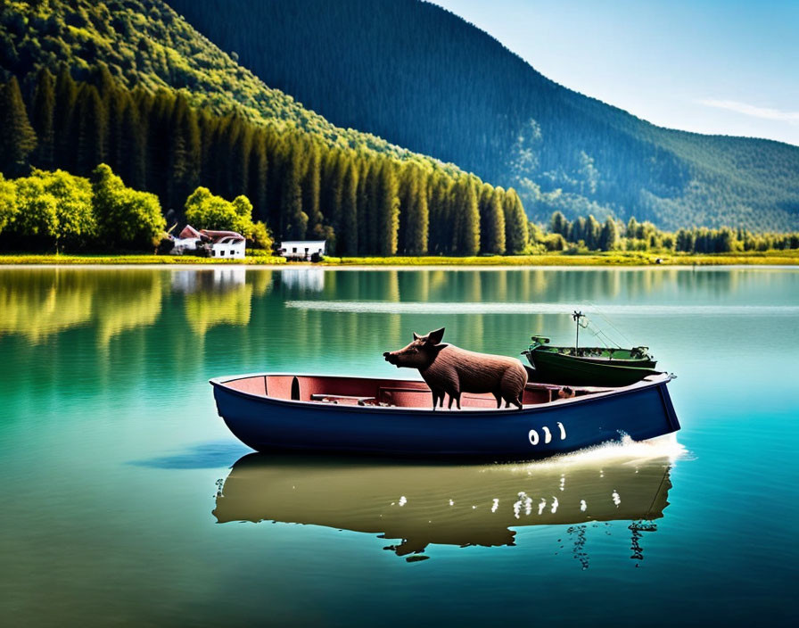 Tranquil lake scene with mountains, trees, clear sky, and a blue boat with a brown