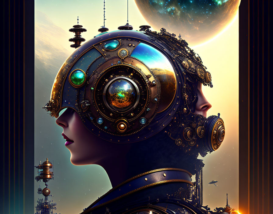 Surreal artwork: woman's profile merges with mechanical helmet in cosmic scene