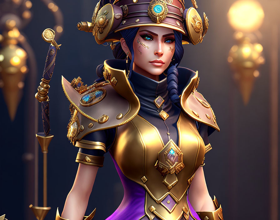 Stylized Female Character in Golden Armor with Blue Eyes