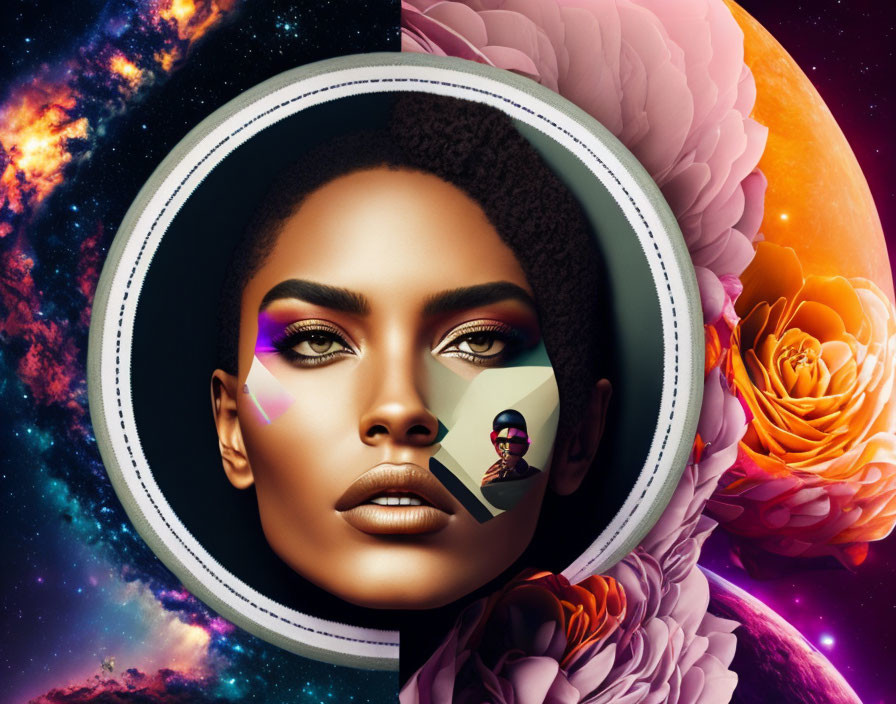 Surreal portrait of woman with cosmic and floral elements