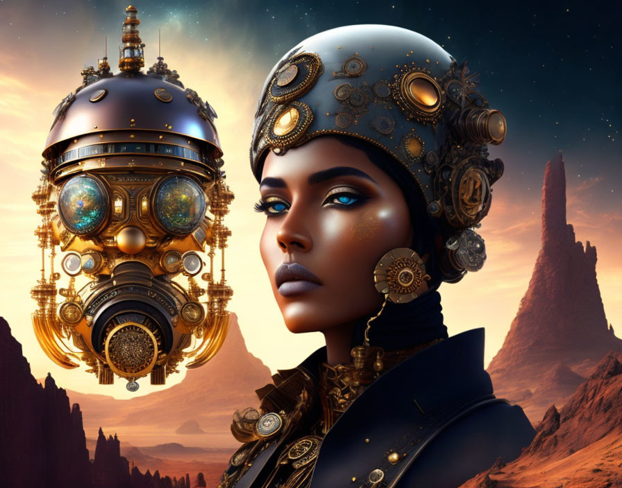 Digital artwork of woman in steampunk attire with futuristic device in desert landscape.