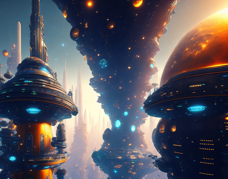 Futuristic cityscape with towering spires and floating structures under starry sky