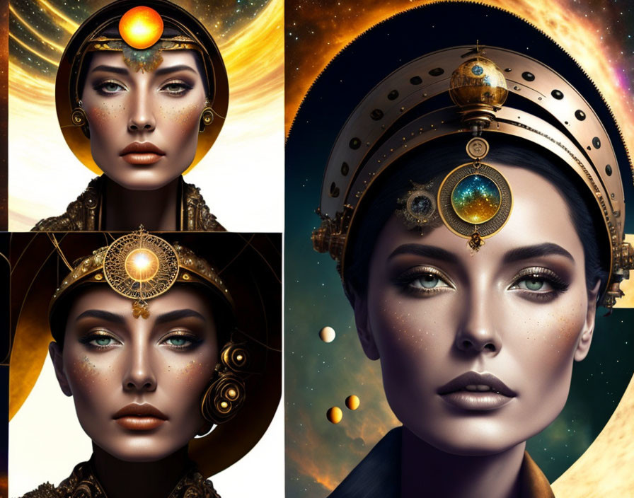 Digital art collage of woman with futuristic celestial headgear against space backdrop