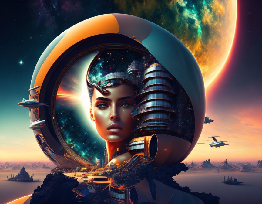 Futuristic cityscape with stylized female face in cosmic setting