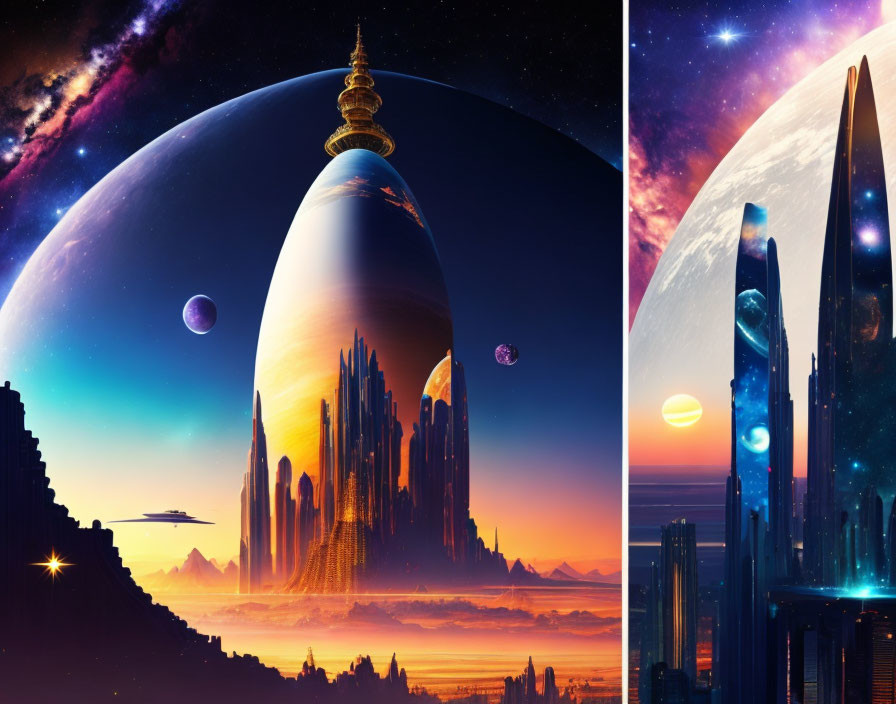 Split-image of futuristic cityscapes with towering spires and giant planets in vibrant cosmic sky