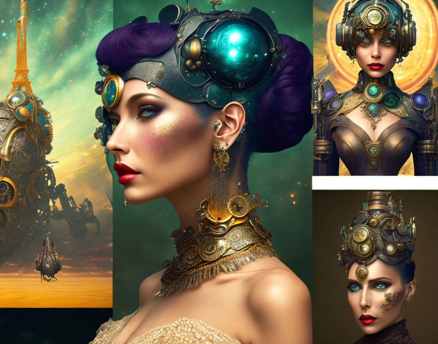 Steampunk-inspired portrait of woman with purple hair and ornate headgear against airship backdrop