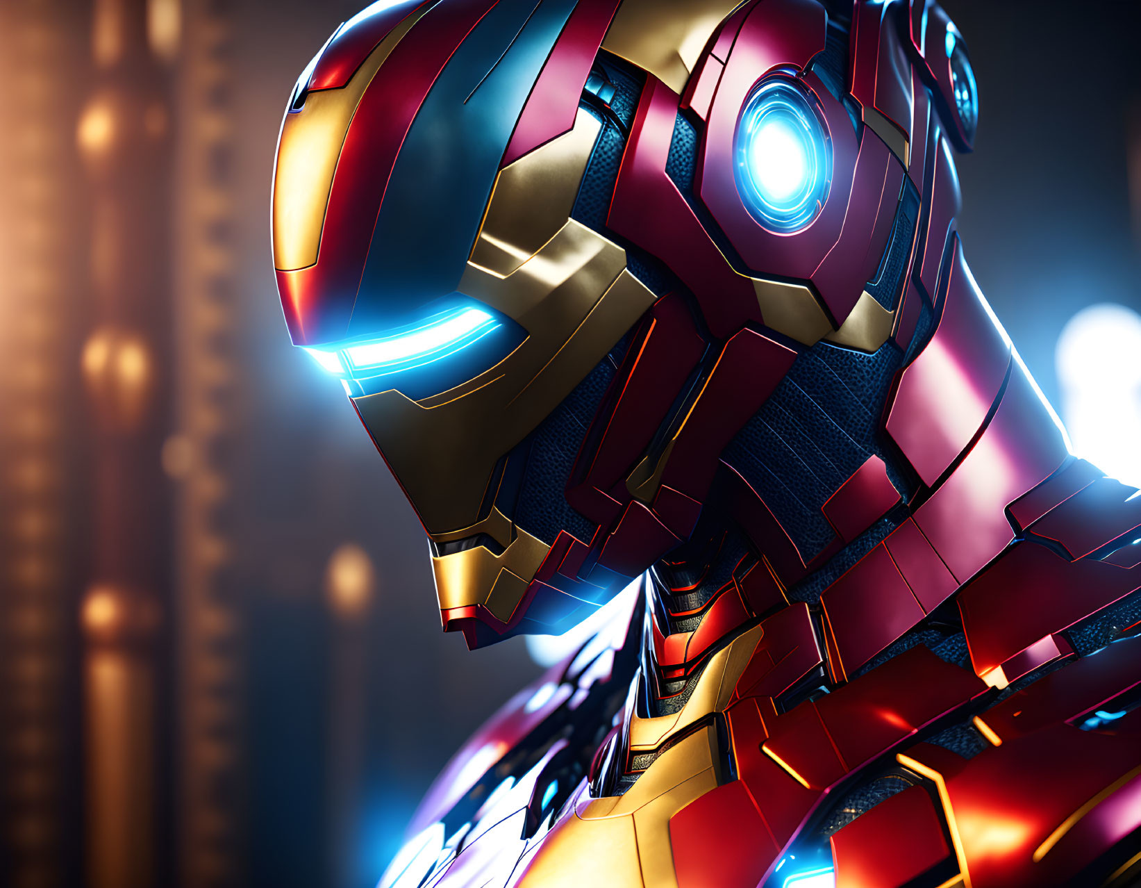 Detailed Close-Up of Glowing Iron Man Helmet and Arc Reactor