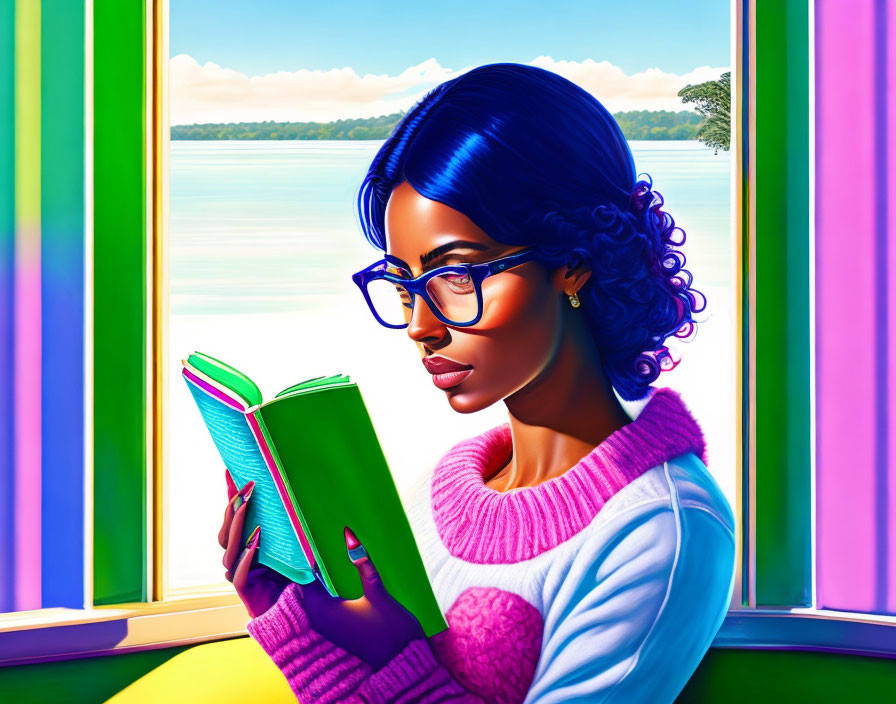 Woman with Blue Hair Reading Book by Colorful Window overlooking Lake