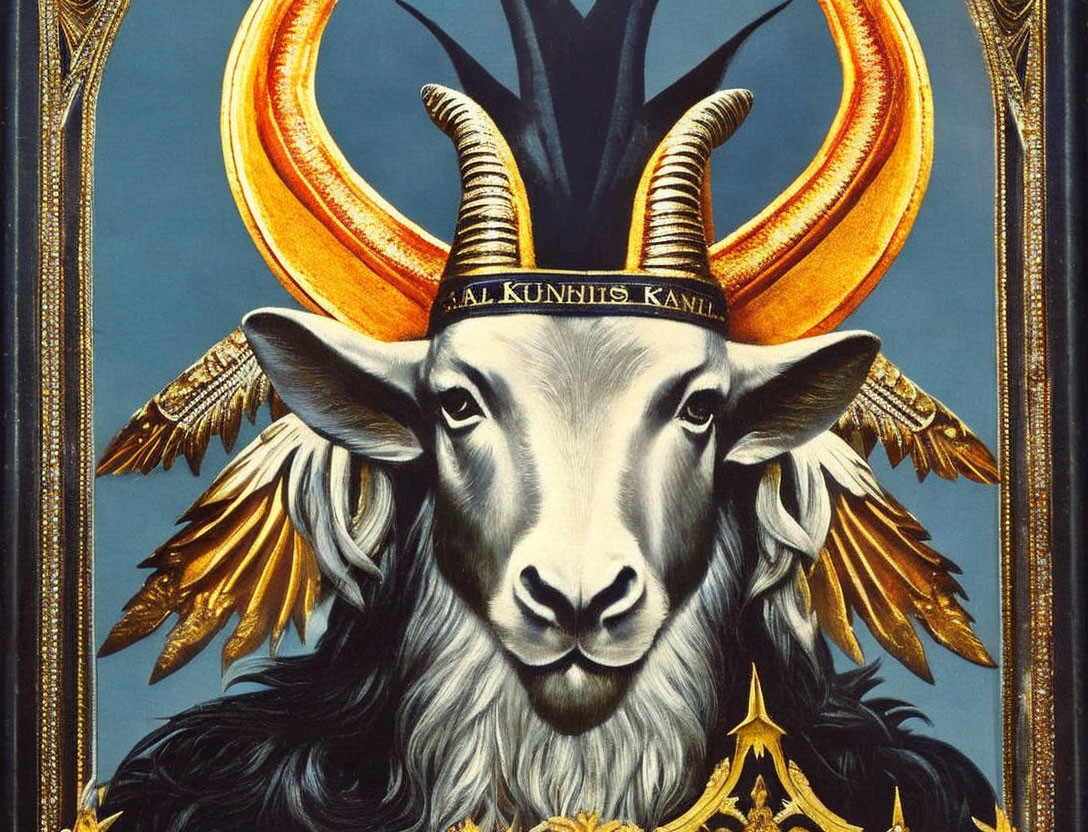 Ornate goat portrait with golden crown and wings on blue background