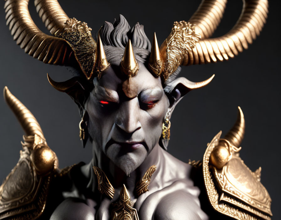 Detailed Mythological Creature Costume with Horns and Red Eyes in Gold Armor on Dark Background