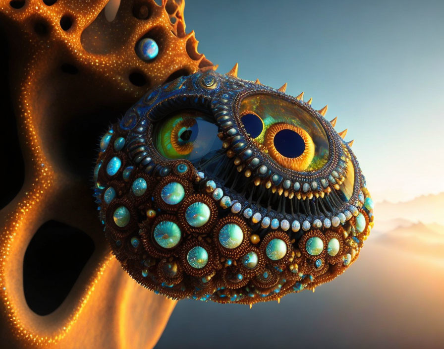 Fractal-generated surreal image: complex sphere with eye-like patterns and metallic textures against sunset sky