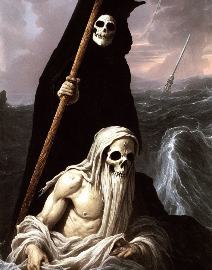 Skeleton with skull face and staff on stormy boat symbolizing death