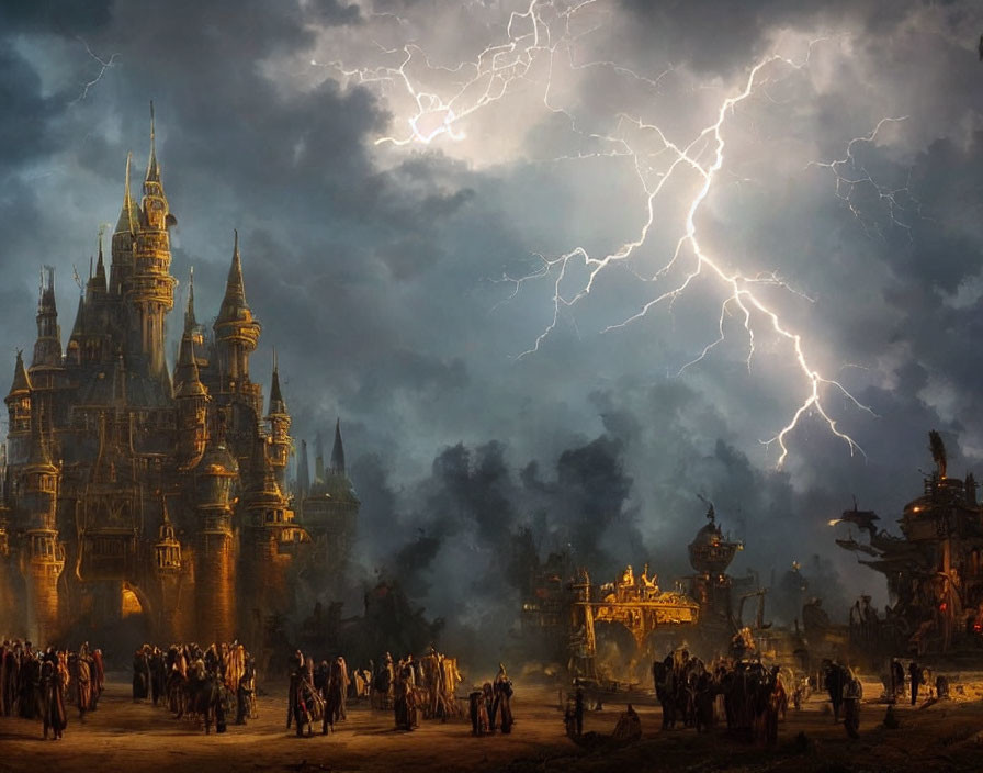 Majestic fantasy castle under stormy sky with lightning and bustling crowd