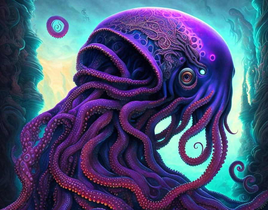 Colorful digital artwork: Purple octopus with intricate patterns in mystical teal forest.