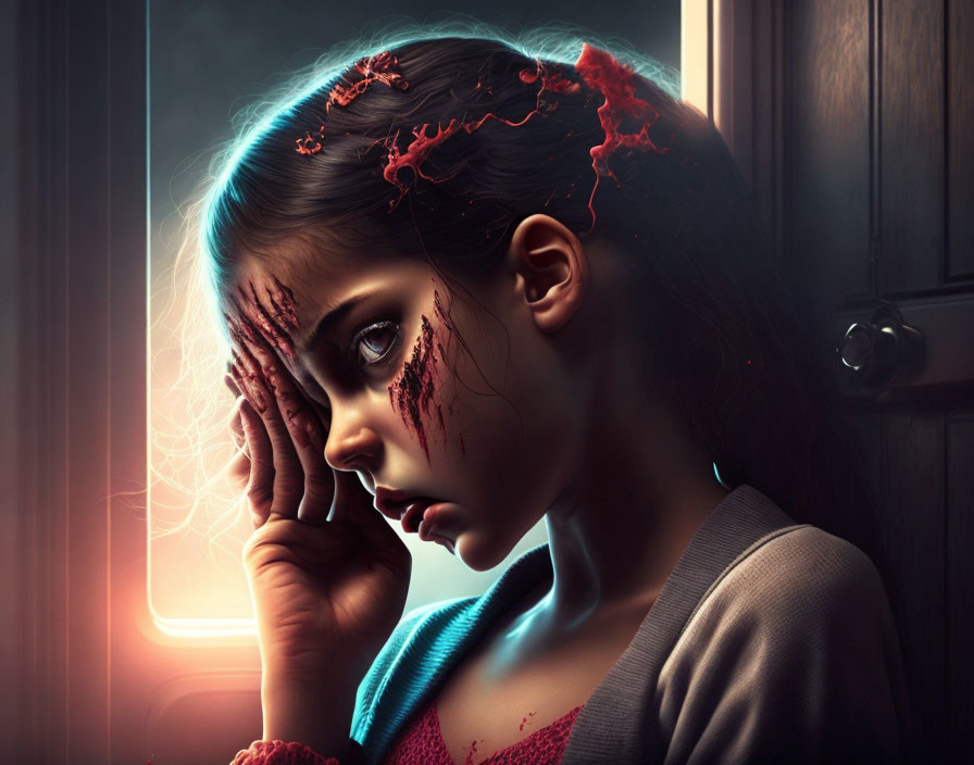 Digital artwork: Young girl with red streaks on face gazes out dark window