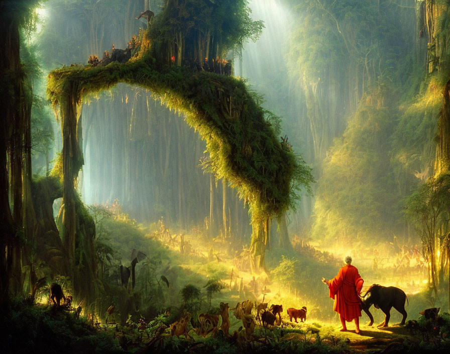 Enchanted forest with person in red and dark animal under ethereal light