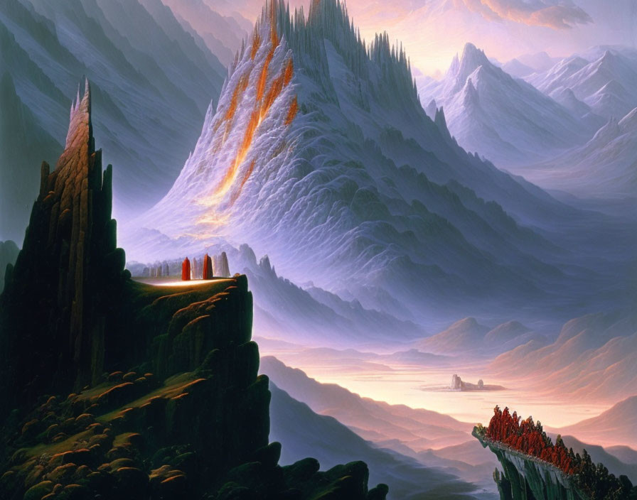 Majestic fantasy landscape with towering mountains and cloaked figures