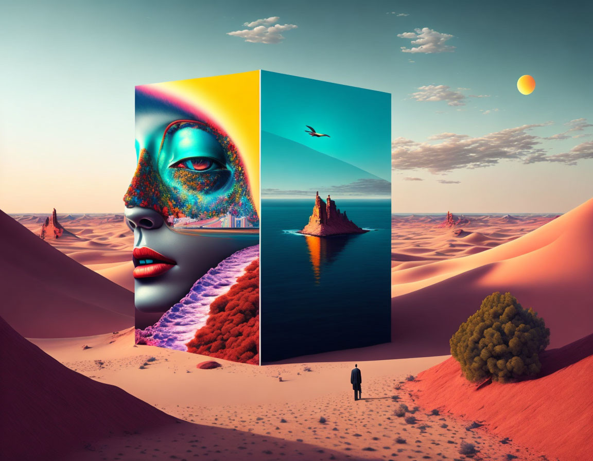 Colorful Cubist Art Structure in Surreal Desert Landscape