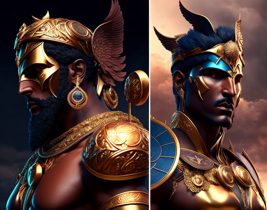 Stylized digital portraits of men in fantasy armor with winged helmets