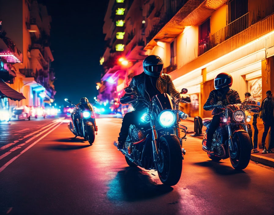 Nighttime urban street scene with three motorcyclists and modern buildings.