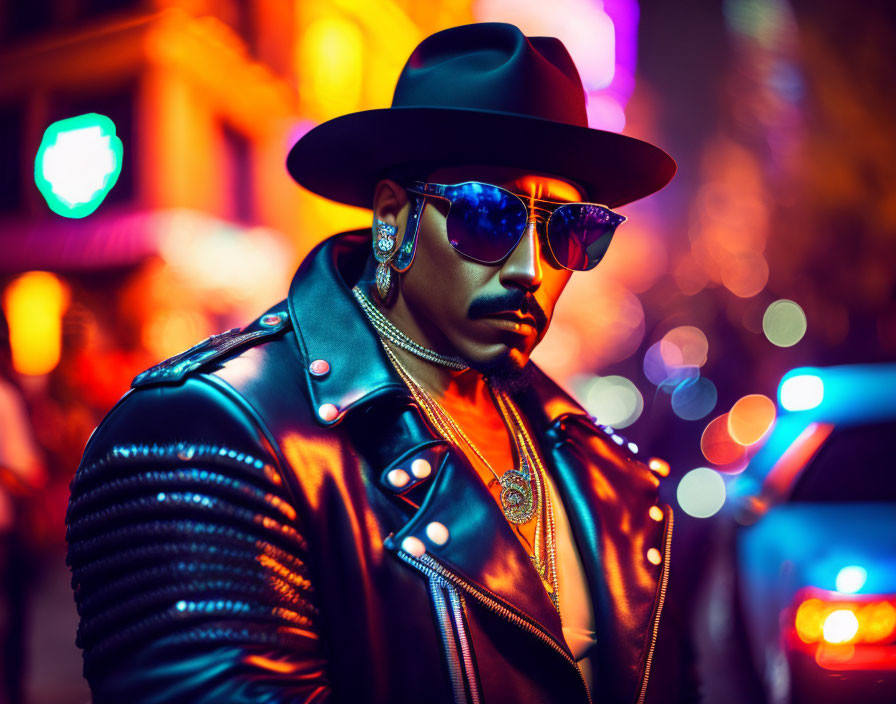 Fashionable man in leather jacket, hat, and sunglasses with neon city lights.