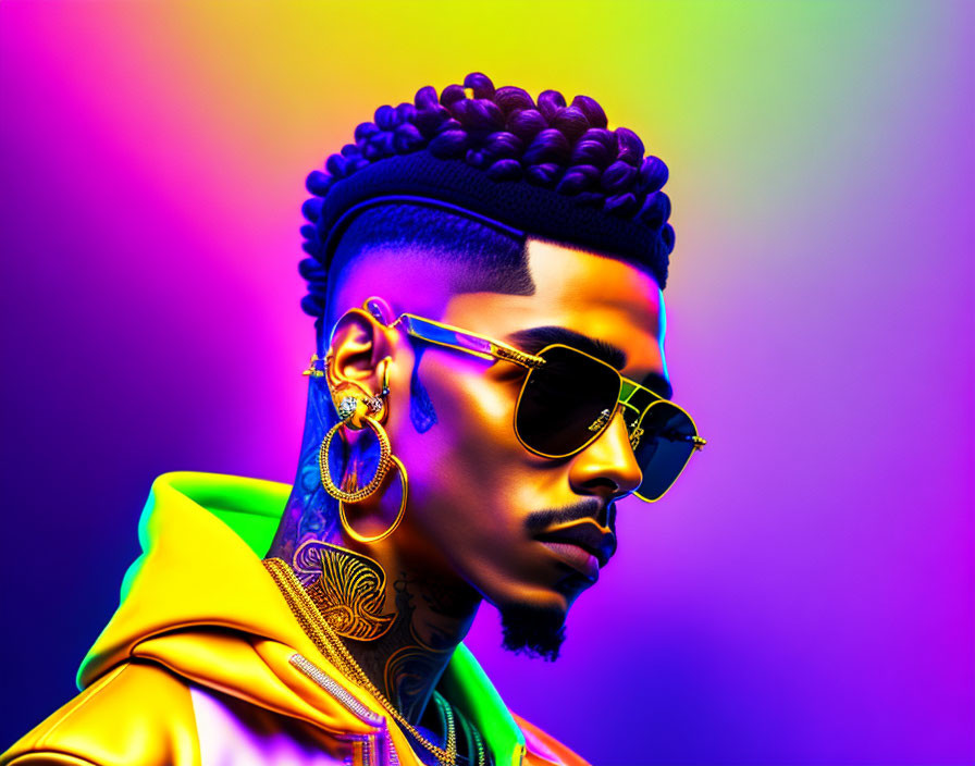 Person with High-Top Fade & Sunglasses in Colorful Light, Gold Earrings & Green Jacket