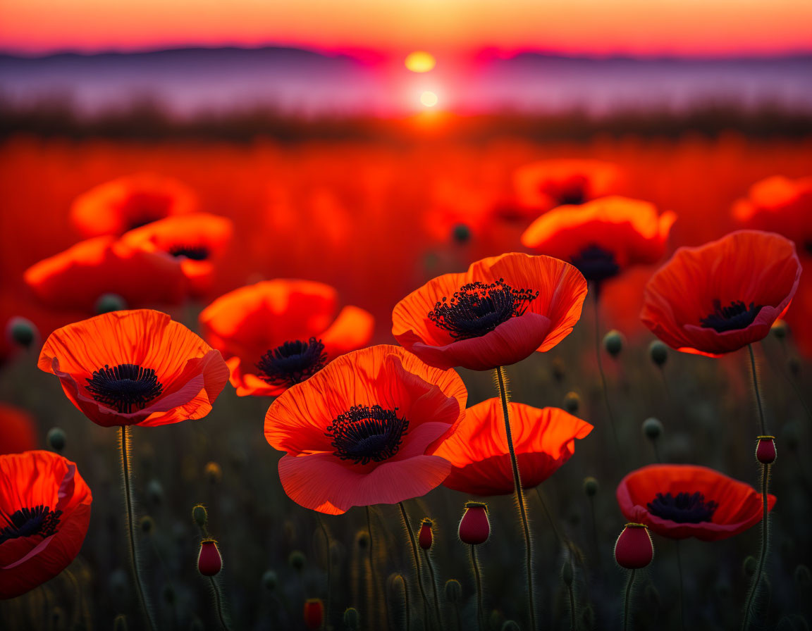 Vibrant red poppies in stunning sunset with distant mountains.