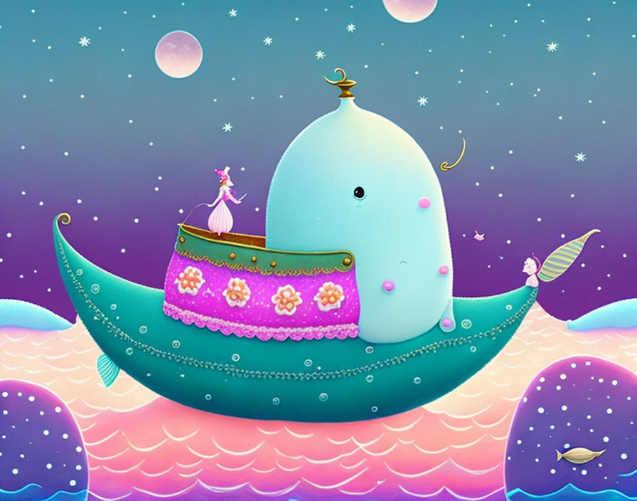 Colorful whimsical scene with decorated whale, fairy, bird, and celestial bodies against starry sky