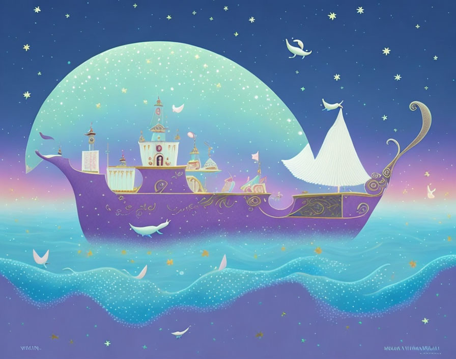 Purple whale with castle, sail, and ornate structures floating above waves under starry sky with birds