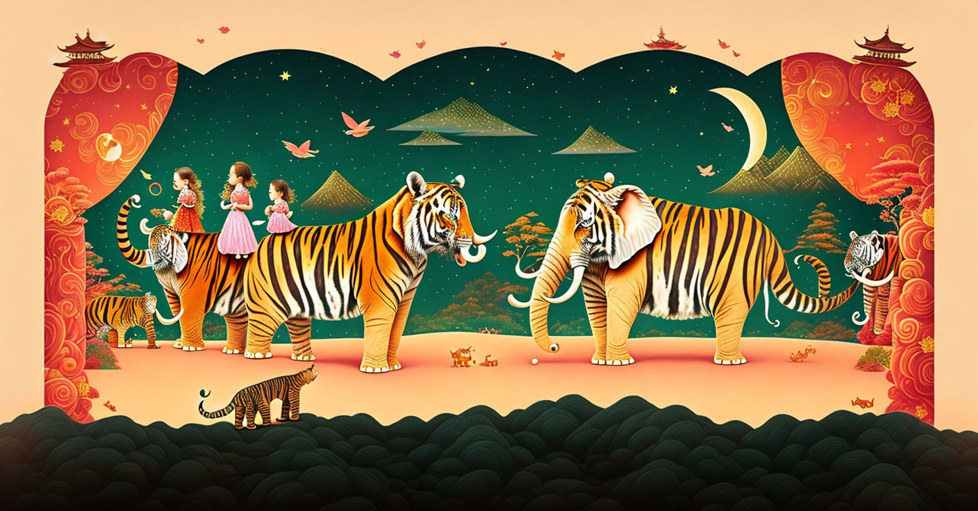 Children riding ornate tigers under starry sky with lanterns and crescent moon