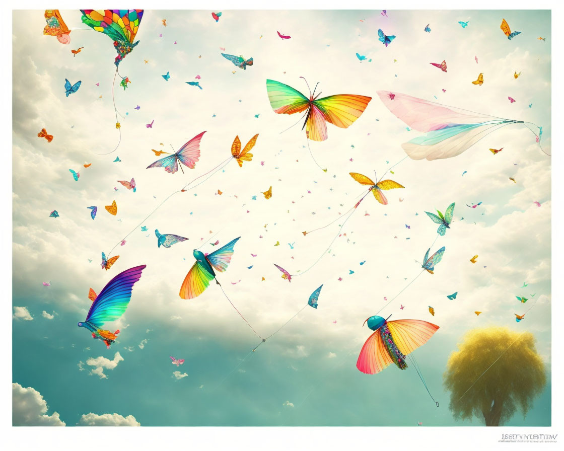 Colorful Butterflies Flying in Cloud-Filled Sky with Kite Tails above Lone Tree