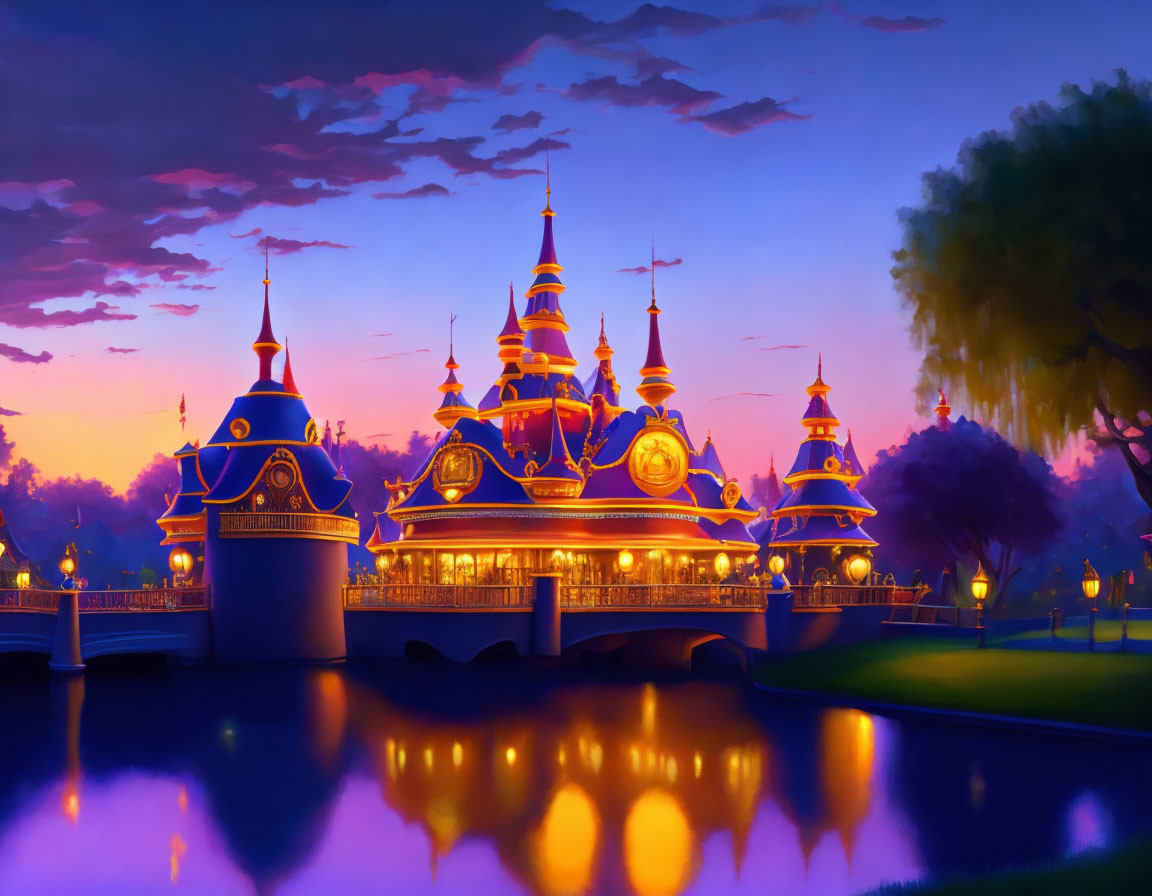 Fantasy castle with golden accents against twilight sky and reflected in water