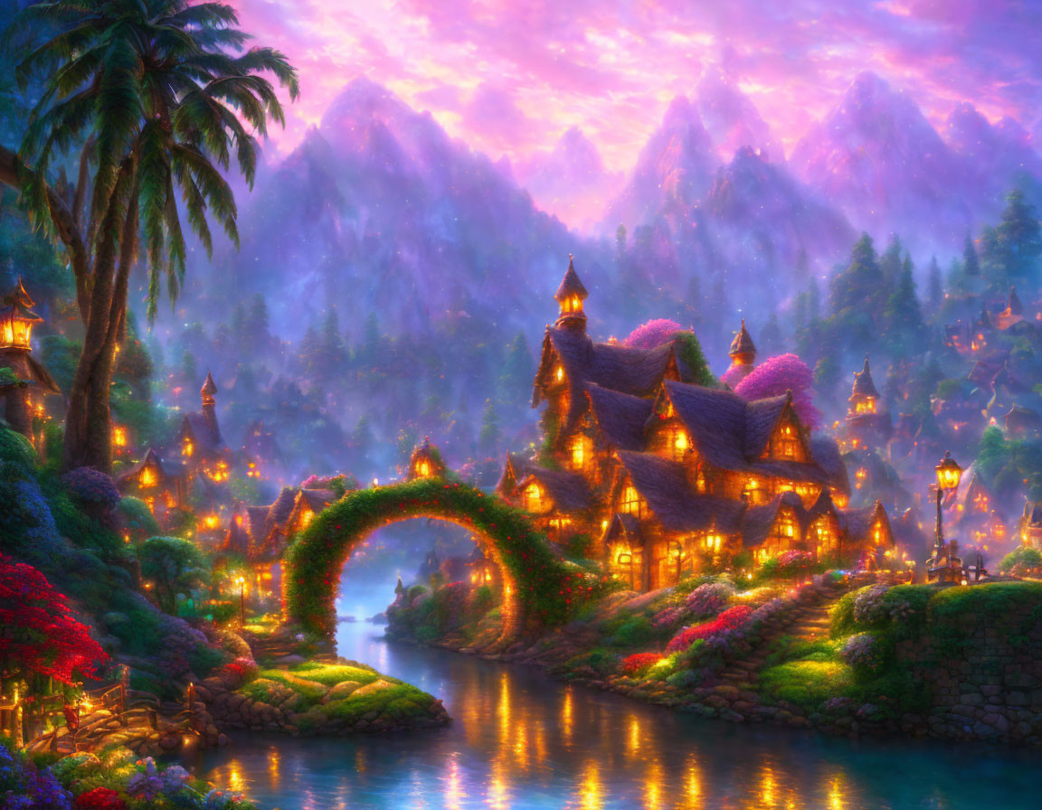 Fantasy village with thatched-roof cottages, stone bridge, luminescent flora, and