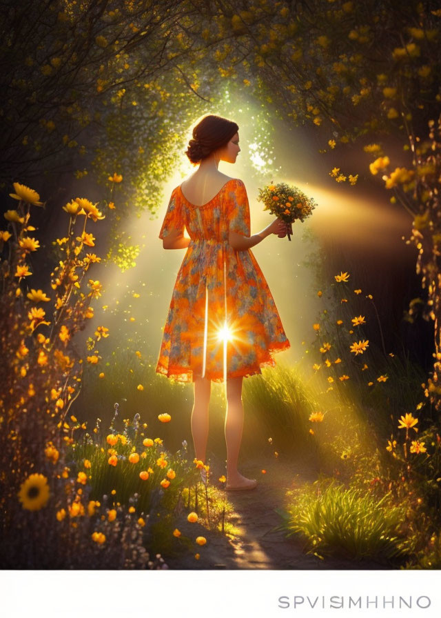 Woman in floral dress standing in sunlit forest glade with wildflowers.