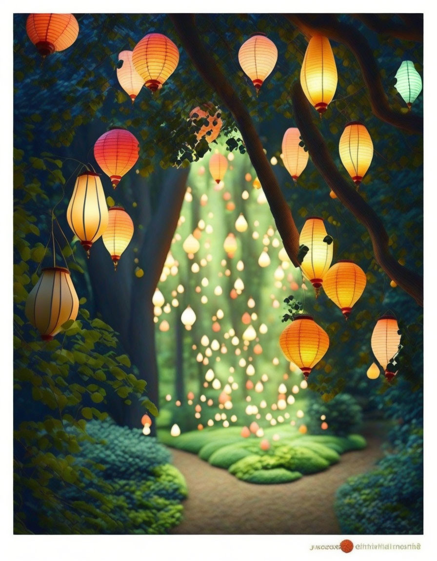 Serene forest pathway with colorful hanging lanterns in lush greenery