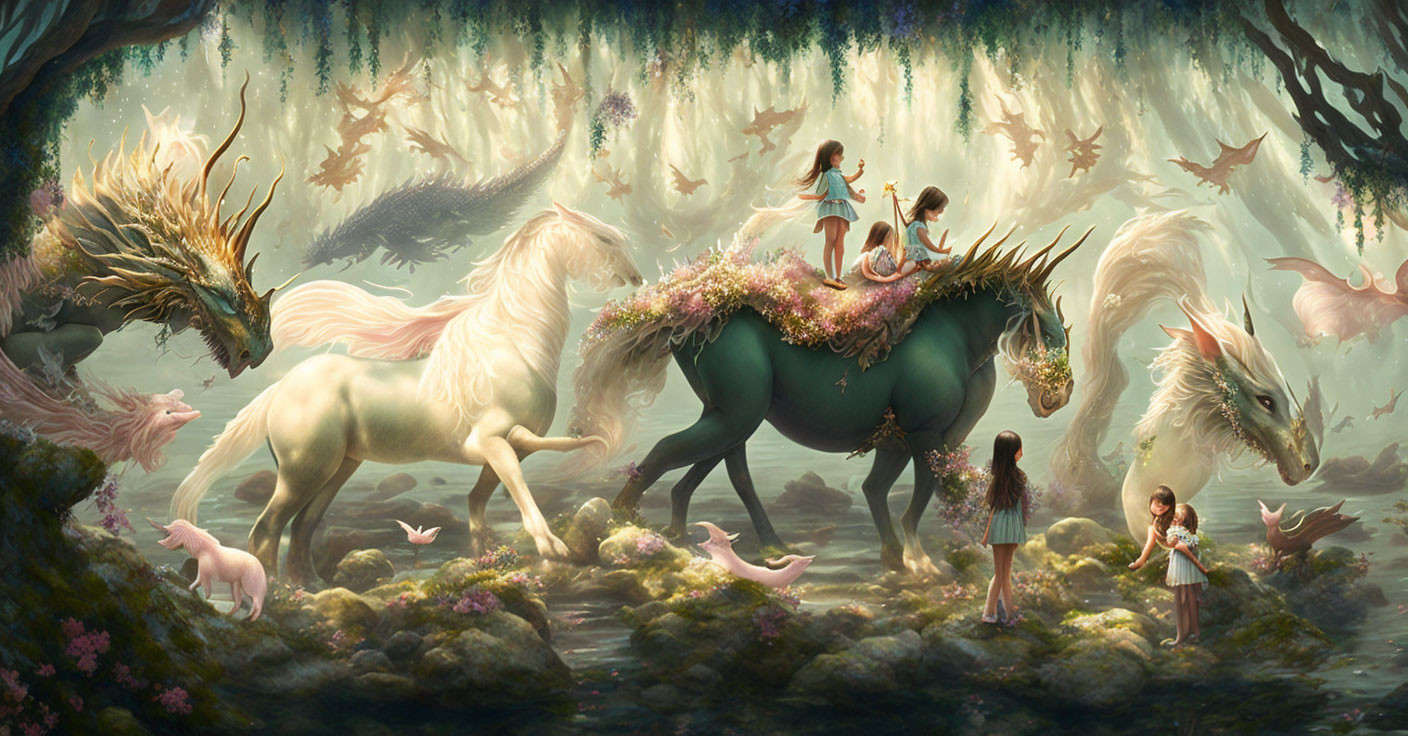 Fantasy scene with giant bird, unicorns, and people in ethereal forest.