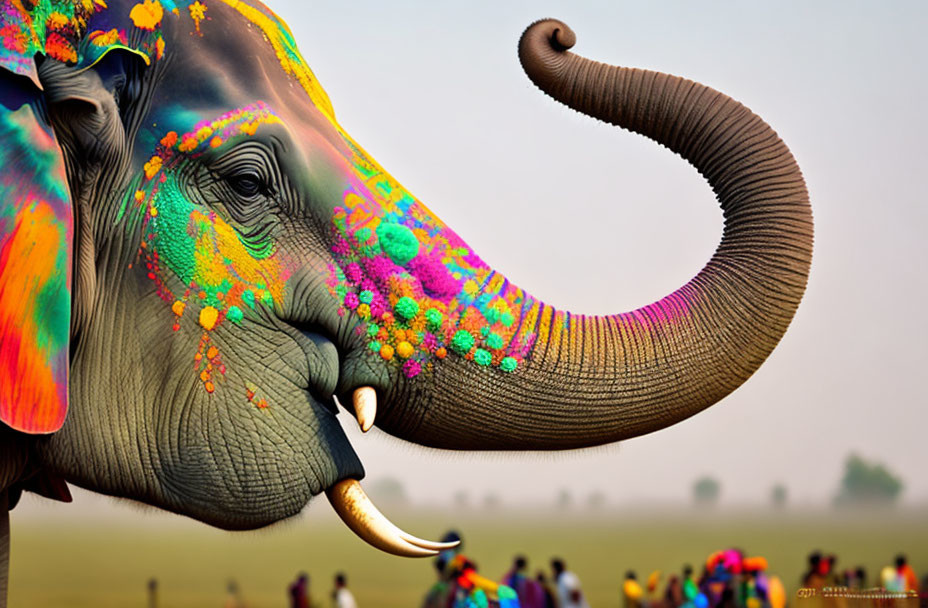 Colorful Patterned Elephant Among People in Field