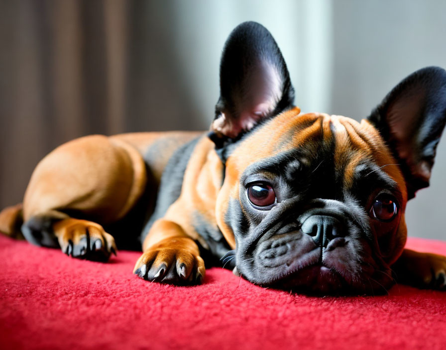 Black and Fawn French Bulldog with Contemplative Expression on Red Surface